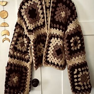 Granny Square Crocheted Cardigan - black, brown, and tan